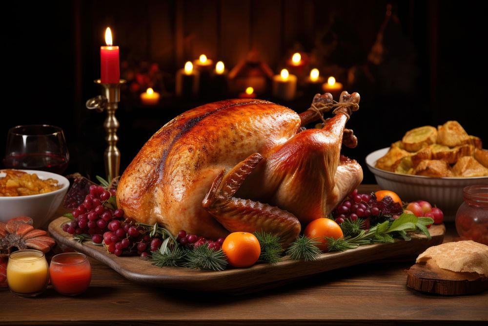 Christmas turkey dinner candle table. AI generated Image by rawpixel.