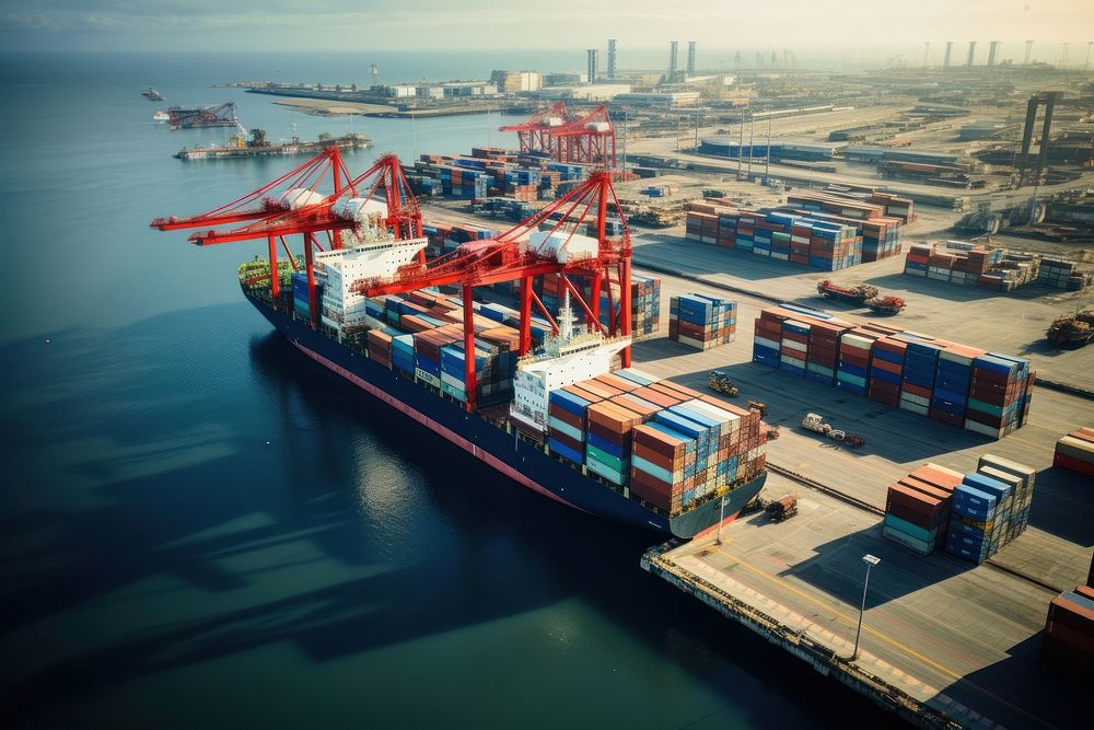 Container ship port dock outdoors. AI generated Image by rawpixel.