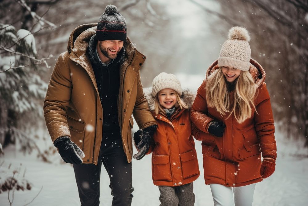 Family enjoying christmas snow outdoors winter. 