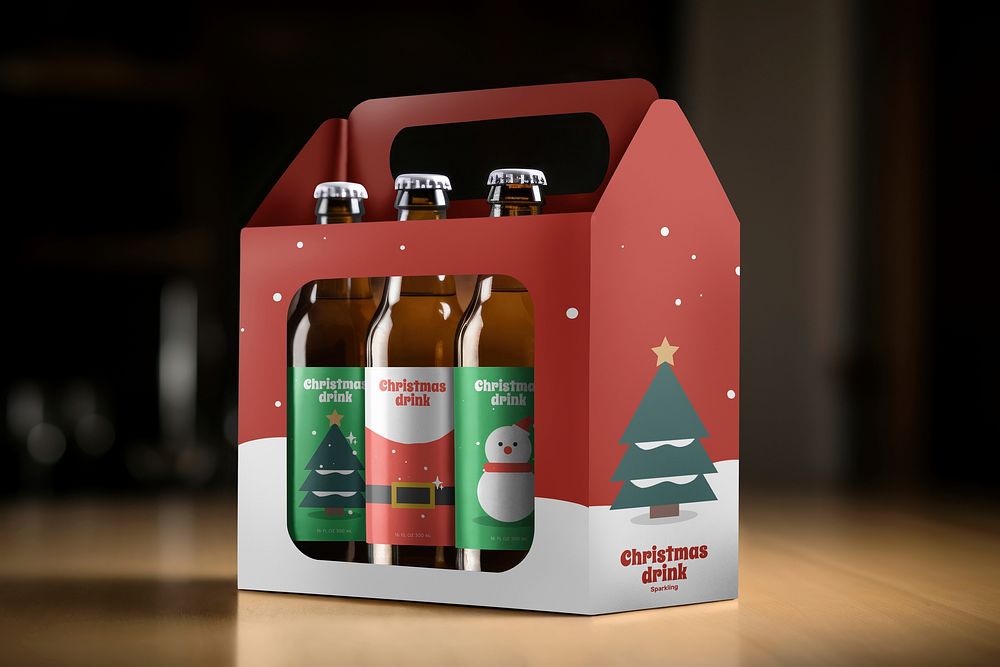 Christmas beer bottle mockup, packaging design psd