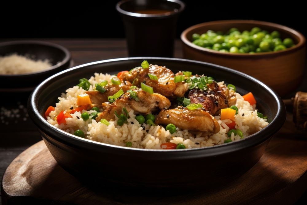 Rice and chicken fried food table meat. AI generated Image by rawpixel.