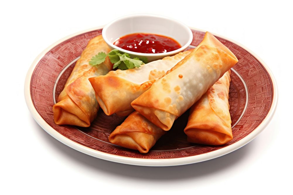Plate food white background spring roll. AI generated Image by rawpixel.
