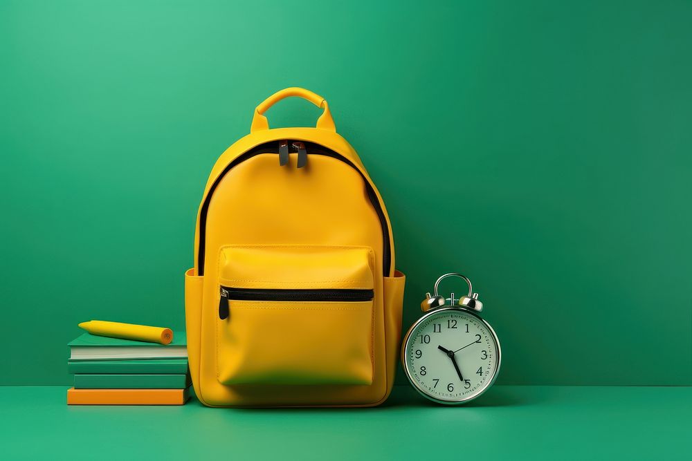 Yellow backpack handbag yellow clock. AI generated Image by rawpixel.
