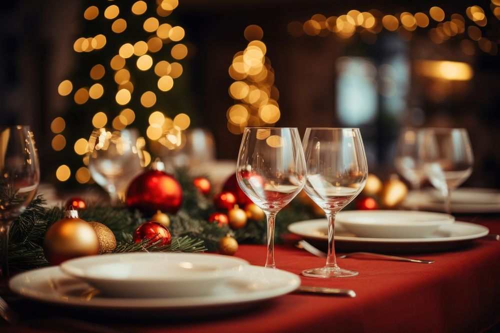 Festive Christmas dinner table restaurant christmas setting. AI generated Image by rawpixel.