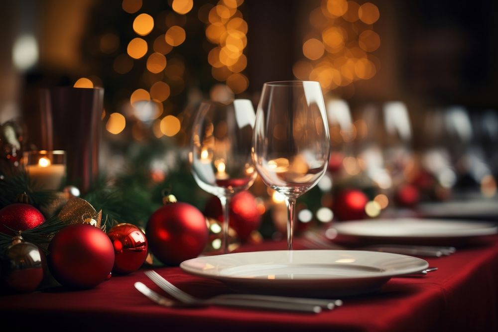 Festive Christmas dinner table restaurant christmas setting. AI generated Image by rawpixel.