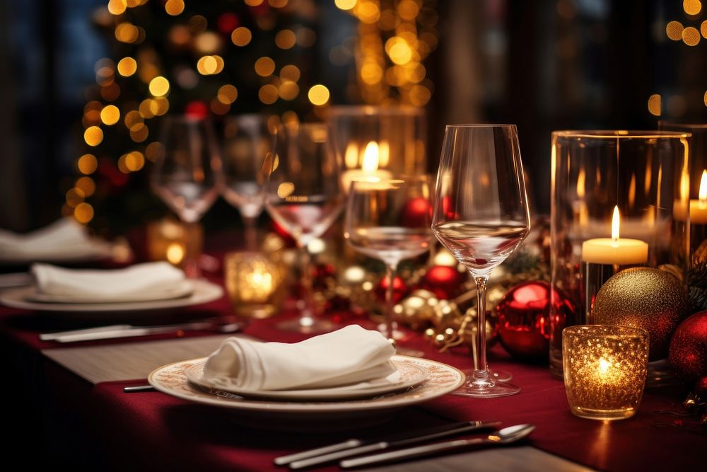 Festive Christmas dinner table restaurant christmas setting. AI generated Image by rawpixel.
