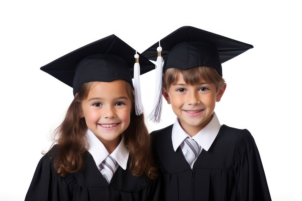 Cute schoolchildren wearing graduation hats student white background intelligence. AI generated Image by rawpixel.