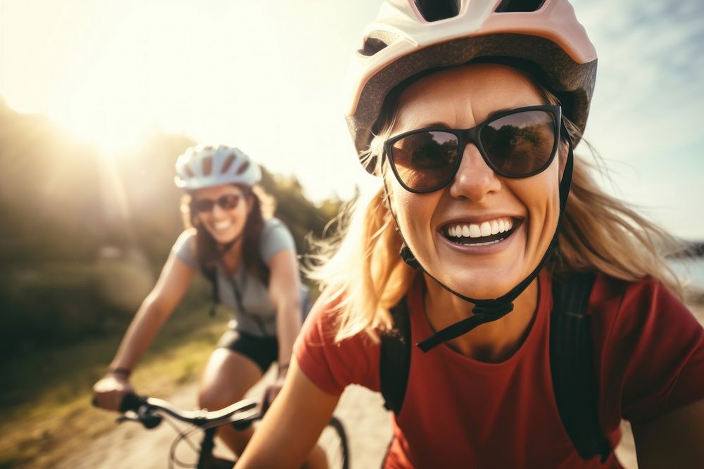 Woman cycling laughing bicycle. AI generated Image by rawpixel.