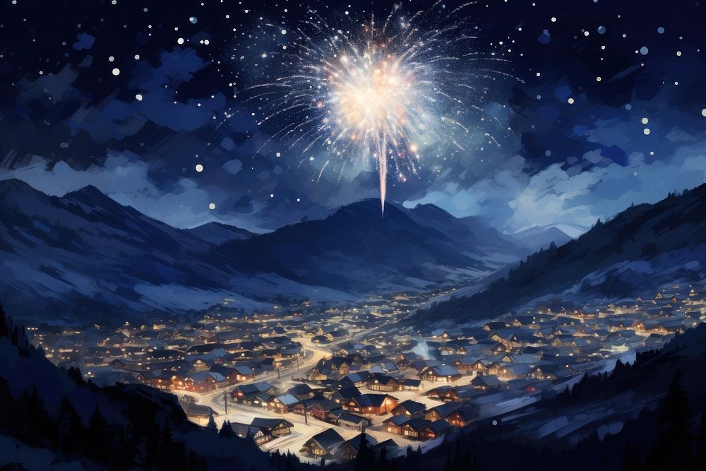Fireworks night snow landscape. AI generated Image by rawpixel.