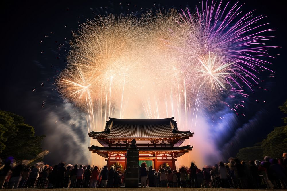Japan fireworks festival architecture spirituality illuminated. AI generated Image by rawpixel.