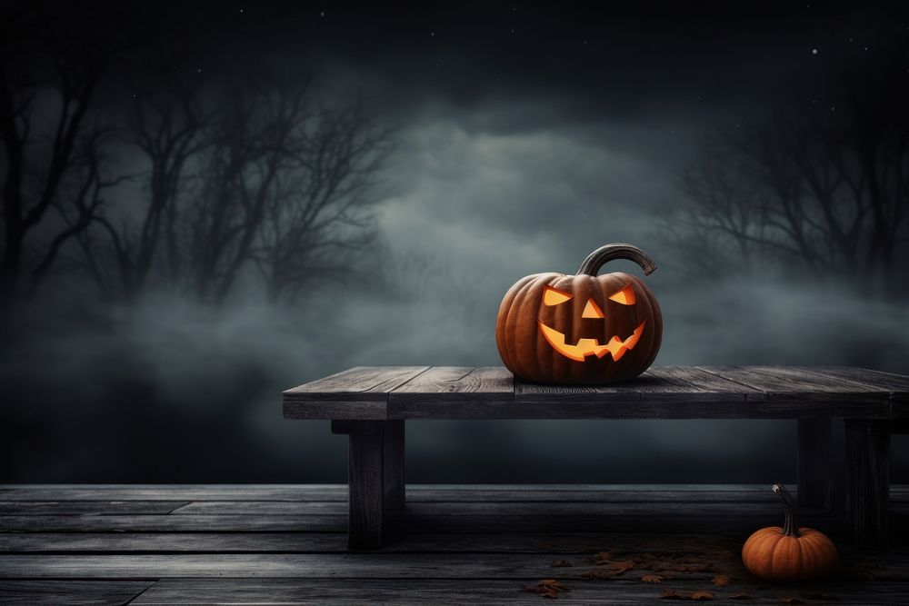 Halloween pumpkin spooky night bench. AI generated Image by rawpixel.