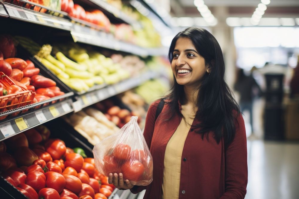 Happy indian woman supermarket shopping store. AI generated Image by rawpixel.
