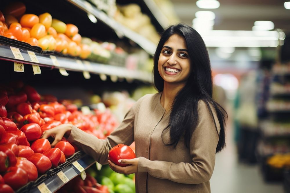 Happy indian woman supermarket shopping store. AI generated Image by rawpixel.