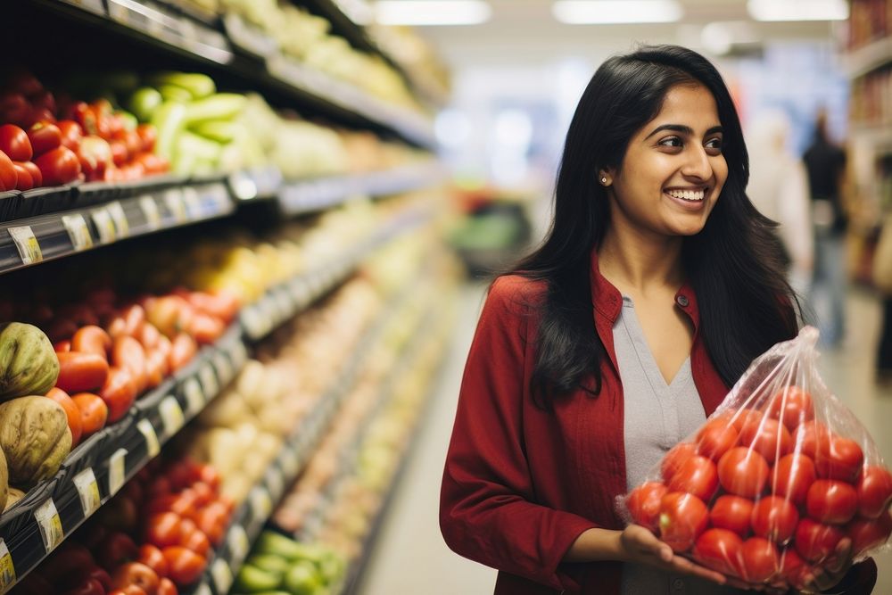 Happy indian woman supermarket shopping store. AI generated Image by rawpixel.