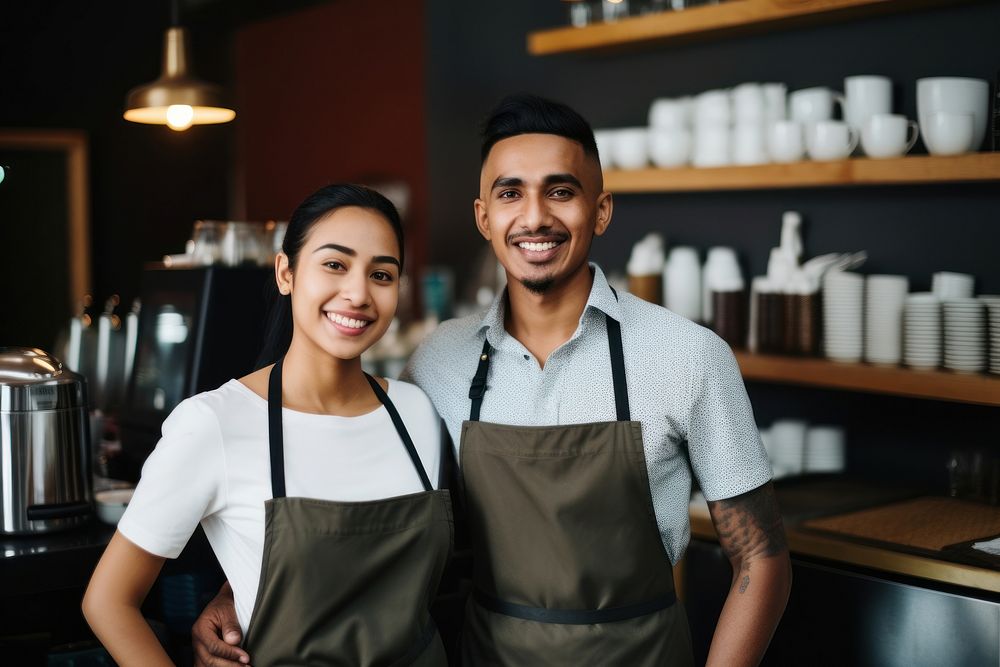2 happy indian baristas standing smiling coffee. AI generated Image by rawpixel.
