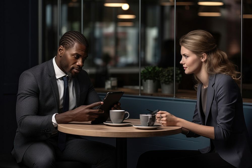 Businessman using tablet meeting adult woman. AI generated Image by rawpixel.