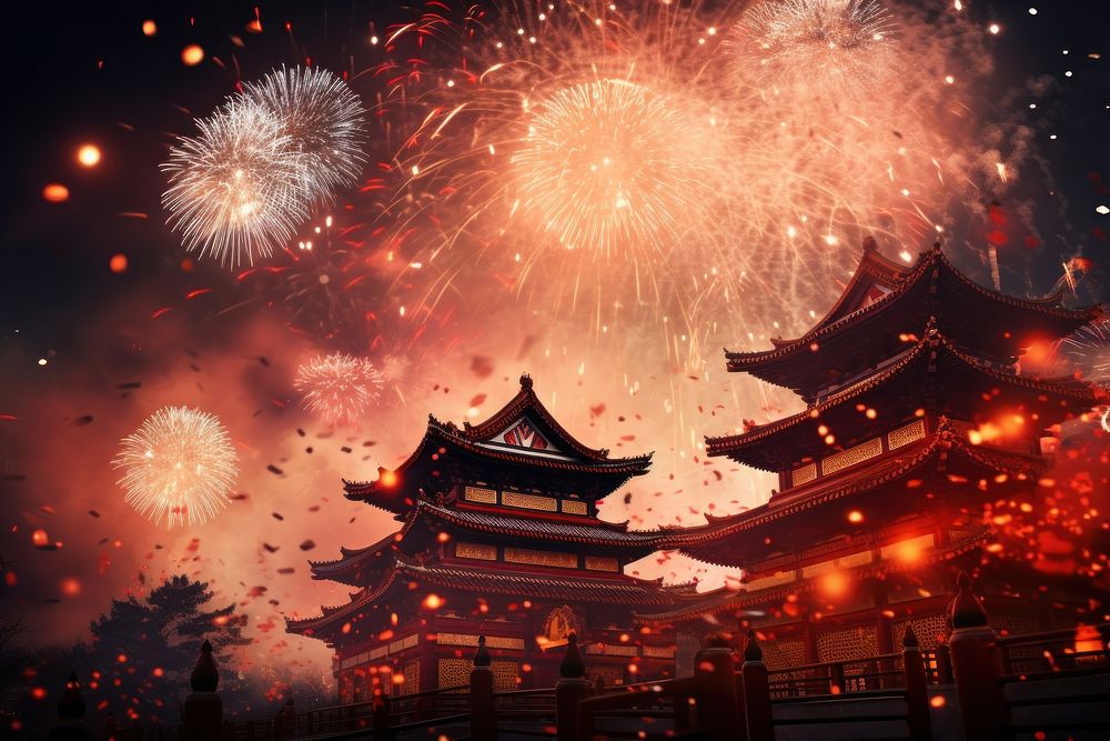 Chinese new year fireworks architecture illuminated celebration. AI generated Image by rawpixel.