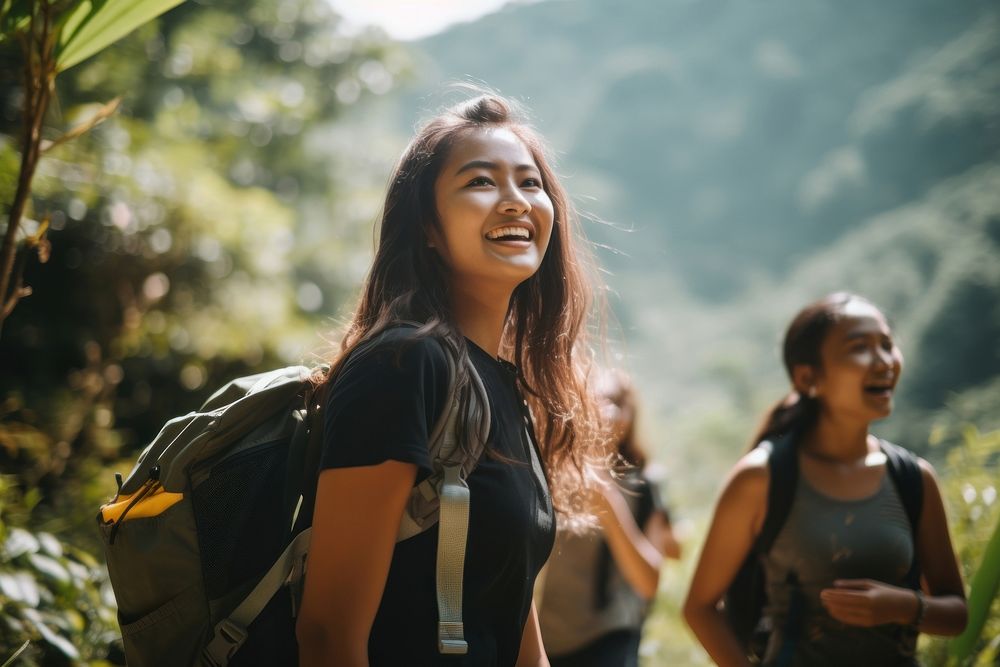 Filipino teenagers hiking backpack nature female. AI generated Image by rawpixel.