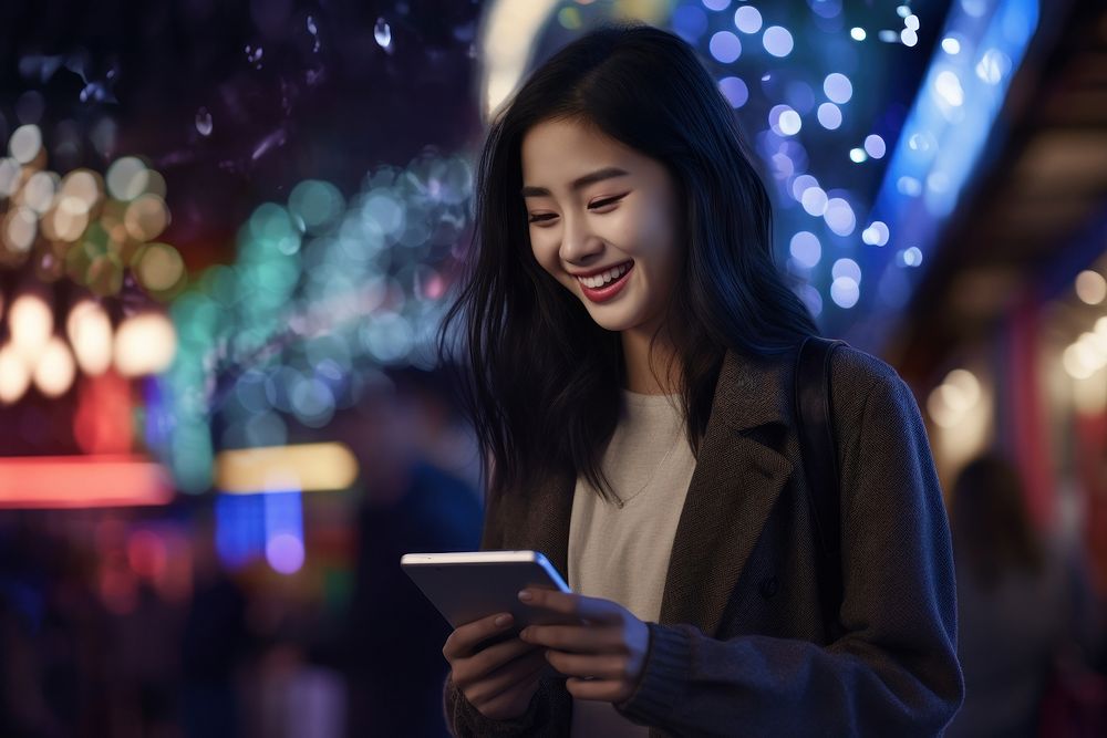 Woman using tablet adult night happy. AI generated Image by rawpixel.