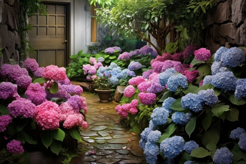 Hydrangea backyard outdoors flower nature. AI generated Image by rawpixel.