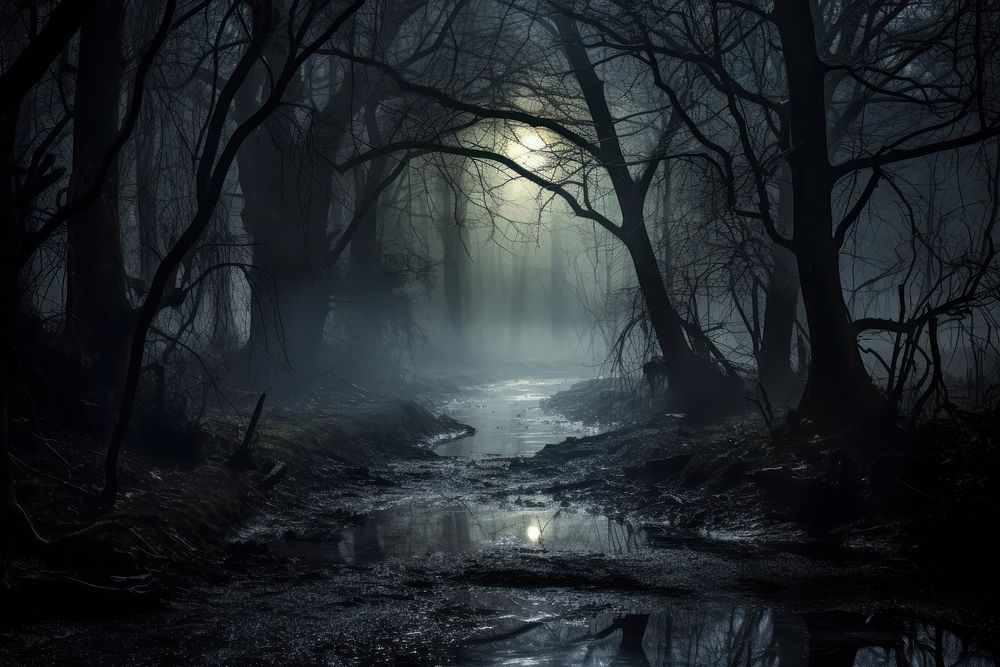Misty woods landscape woodland outdoors. AI generated Image by rawpixel.
