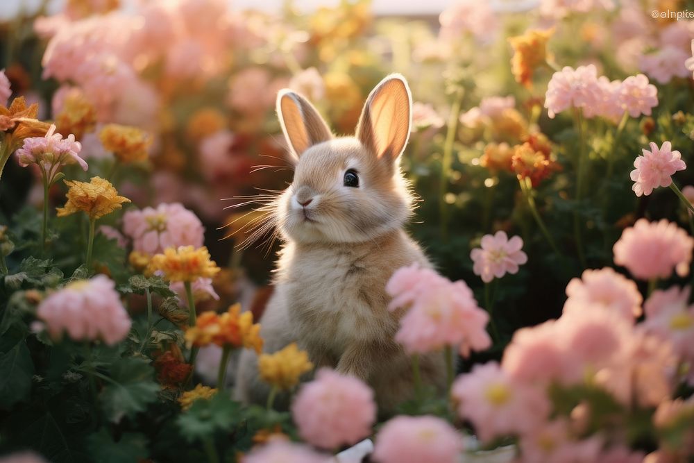 Rabbit bunny flower outdoors animal. AI generated Image by rawpixel.