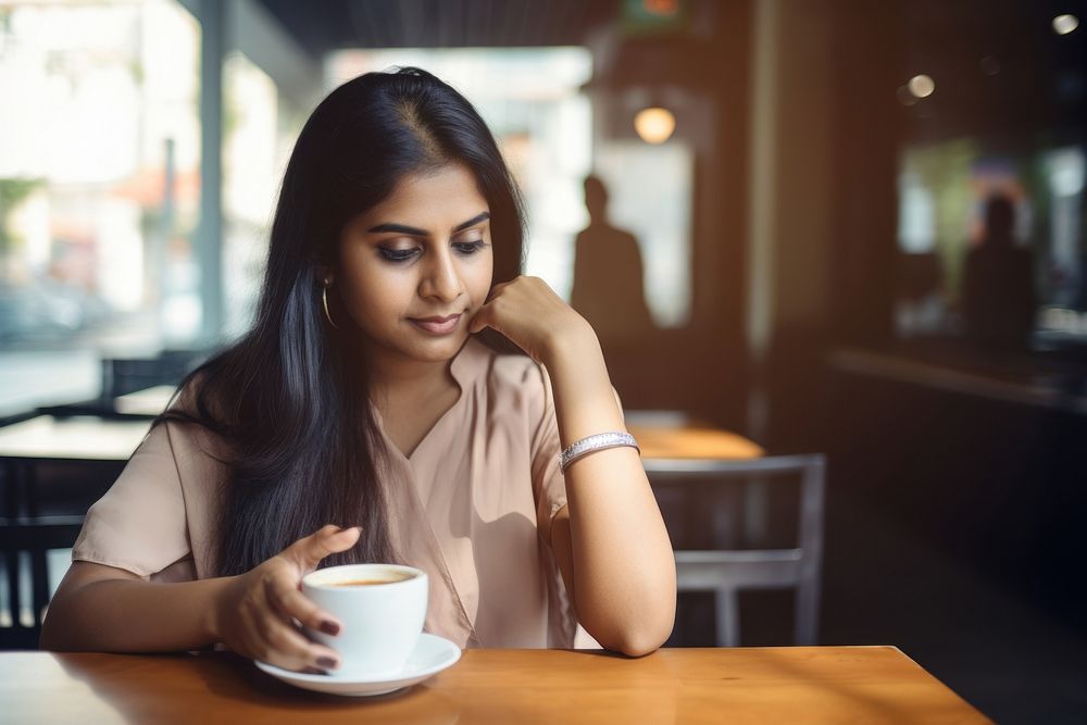 Indian woman coffee drink contemplation. AI generated Image by rawpixel.