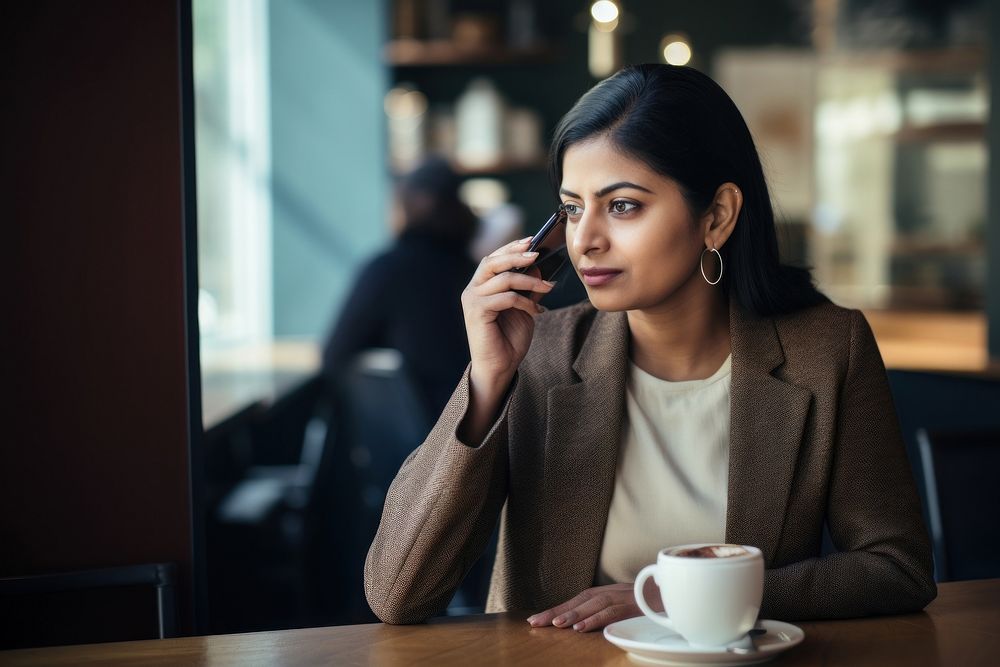 Indian woman coffee talking disappointment. AI generated Image by rawpixel.