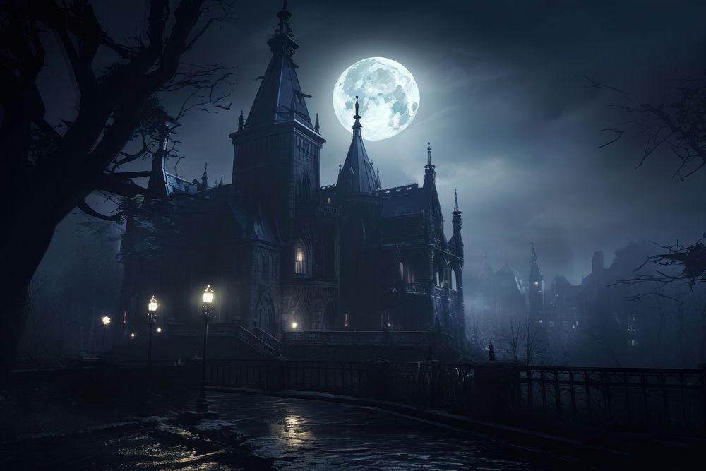 Spooky old gothic castle night outdoors spooky. AI generated Image by rawpixel.