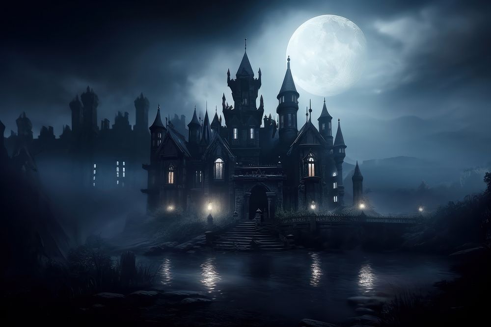 Spooky old gothic castle night outdoors spooky. AI generated Image by rawpixel.