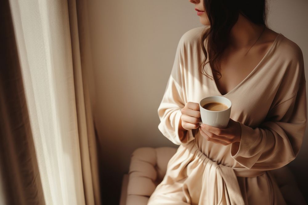 Woman holding coffee dress drink robe. AI generated Image by rawpixel.