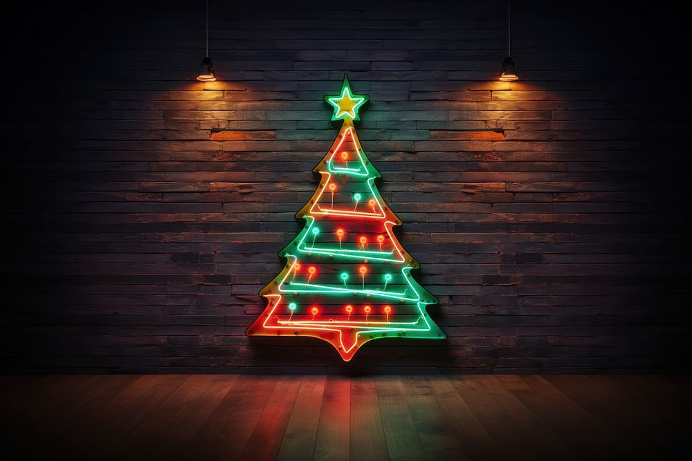 Christmas tree neon sign light night wall. AI generated Image by rawpixel.