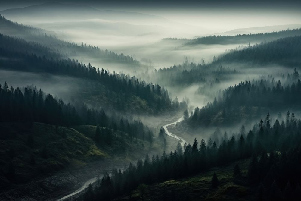 Dark forrest landscape fog outdoors nature. AI generated Image by rawpixel.