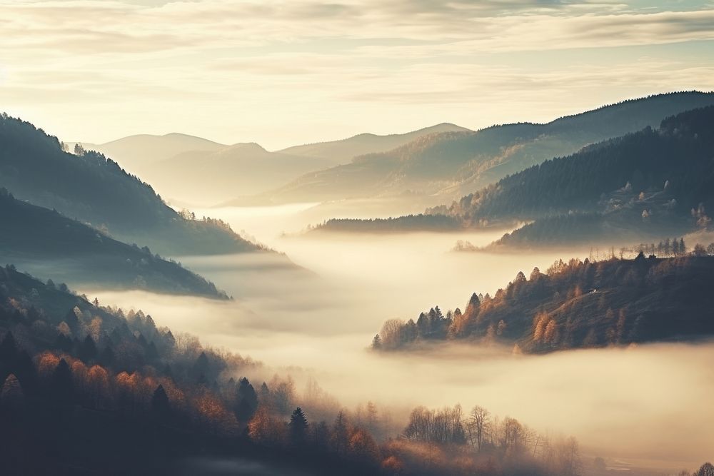 Vintage forrest landscape fog panoramic outdoors. AI generated Image by rawpixel.