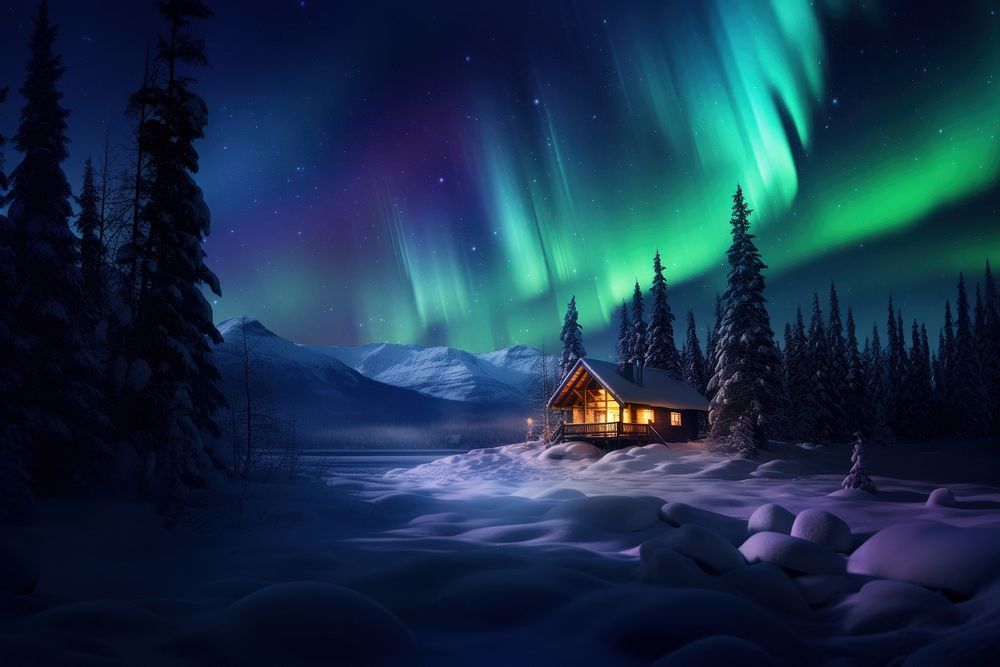 A nighttime winter cabin architecture building outdoors. AI generated Image by rawpixel.
