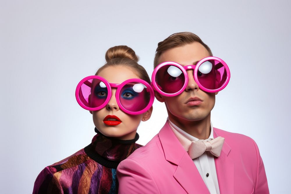 A couple wearing wierd party glasses sunglasses portrait purple. 