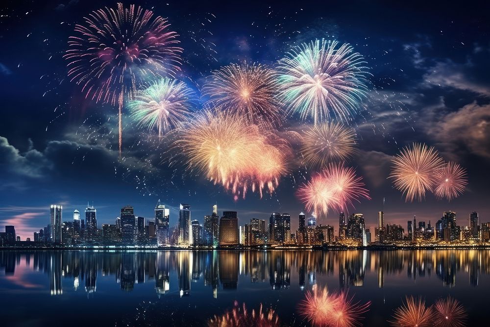 City landscape panoramic fireworks night. AI generated Image by rawpixel.