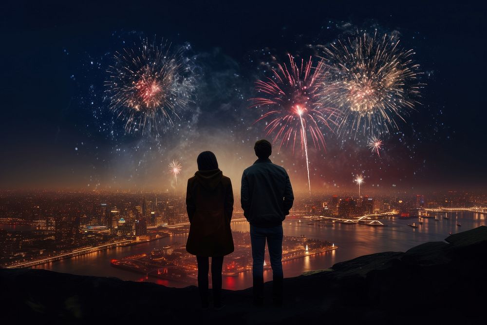 Fireworks night outdoors adult. AI generated Image by rawpixel.