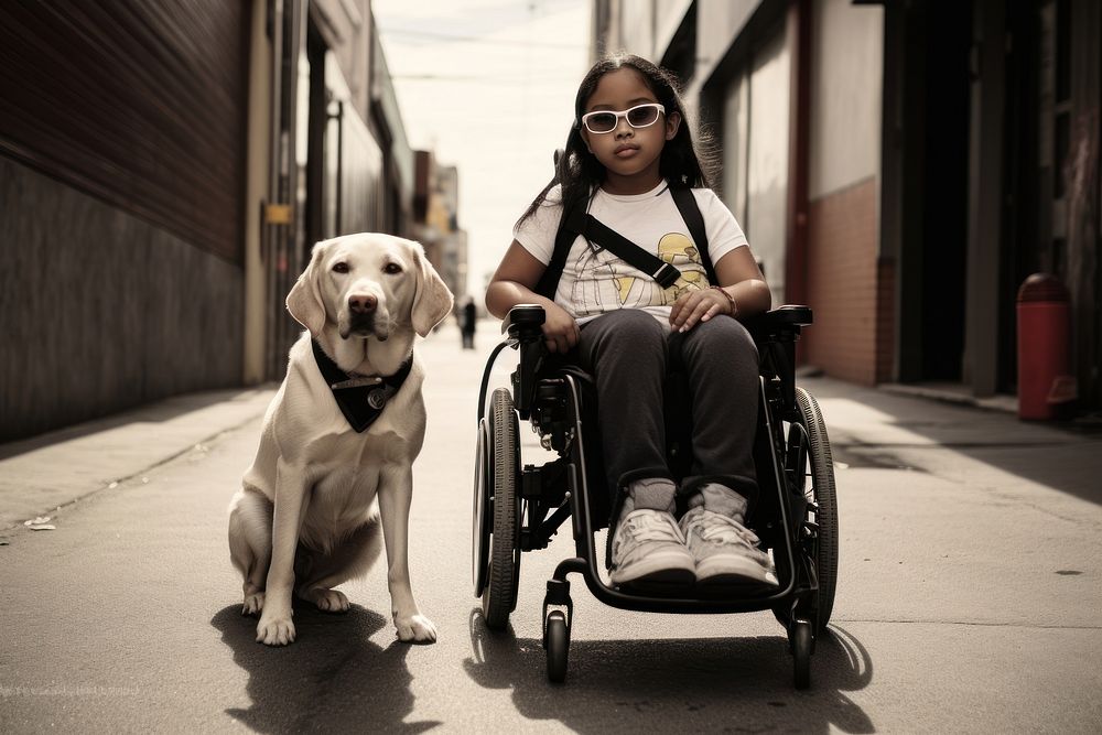 Wheelchair dog girl sitting. AI generated Image by rawpixel.