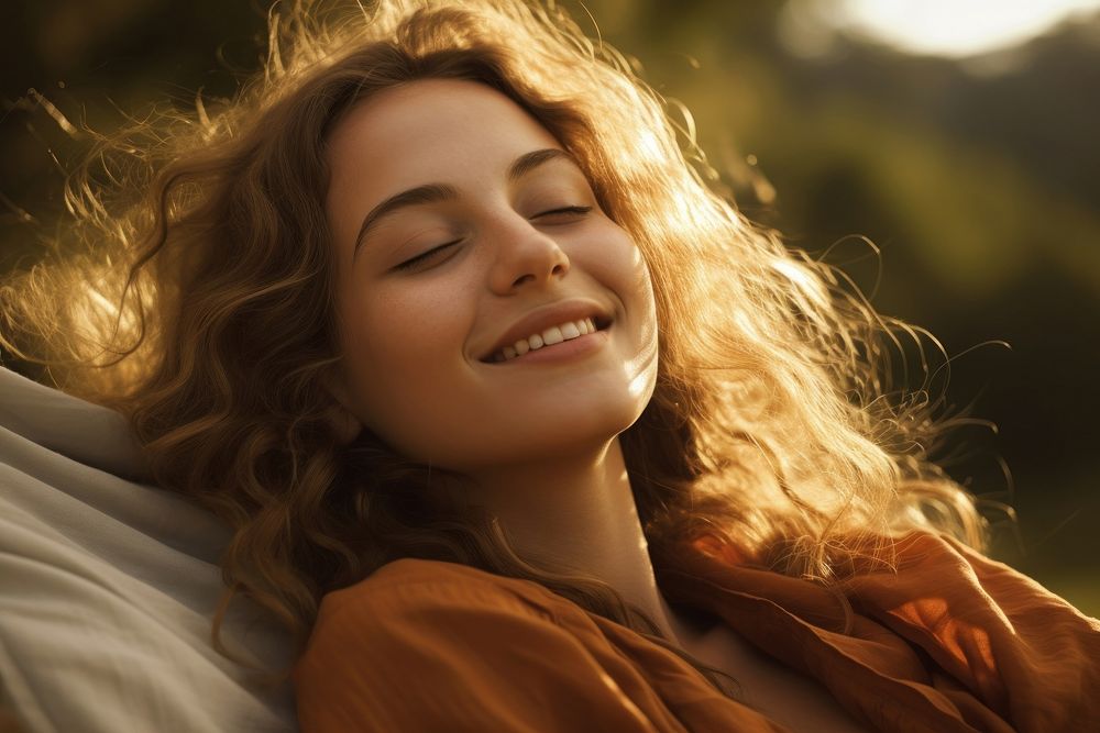 Girl relaxing portrait outdoors smile. AI generated Image by rawpixel.