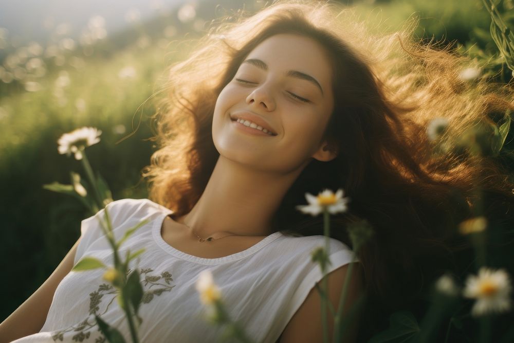 Girl relaxing portrait outdoors flower. AI generated Image by rawpixel.