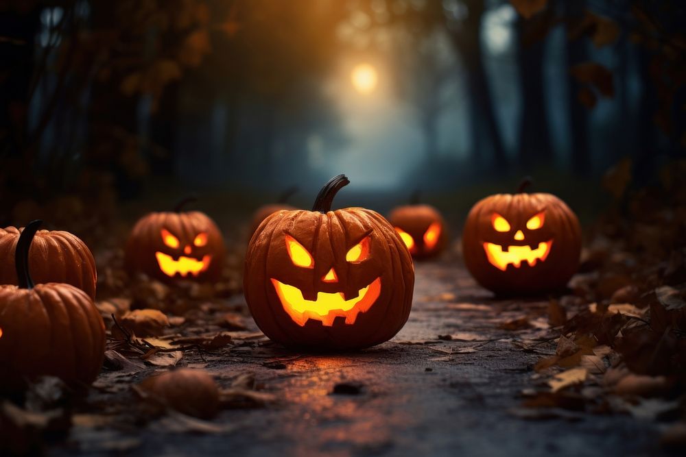 Glowing pumpkins lantern evil ghost halloween spooky night. AI generated Image by rawpixel.