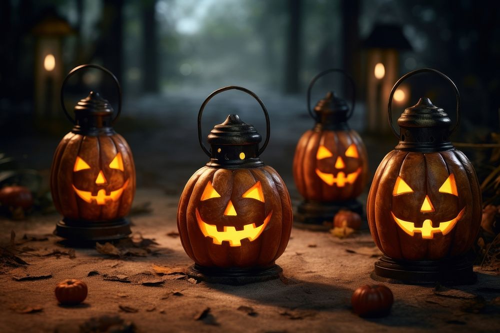 Glowing pumpkins lantern evil ghost halloween spooky light. AI generated Image by rawpixel.