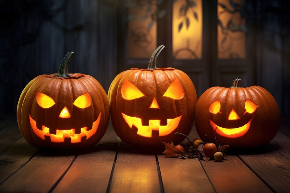 Glowing three pumpkin lantern evil ghost halloween spooky night. AI generated Image by rawpixel.