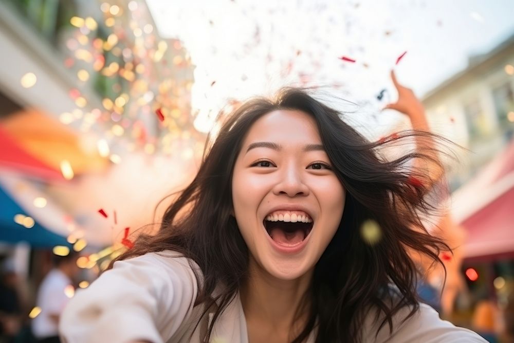 Asia woman celebration laughing portrait. AI generated Image by rawpixel.