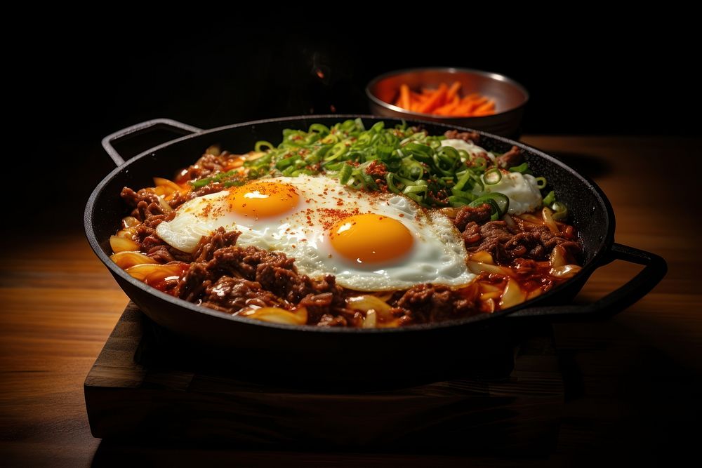 Preparing Korean Spicy Yuk Kal Beef Ramen Noodles food egg vegetable. AI generated Image by rawpixel.
