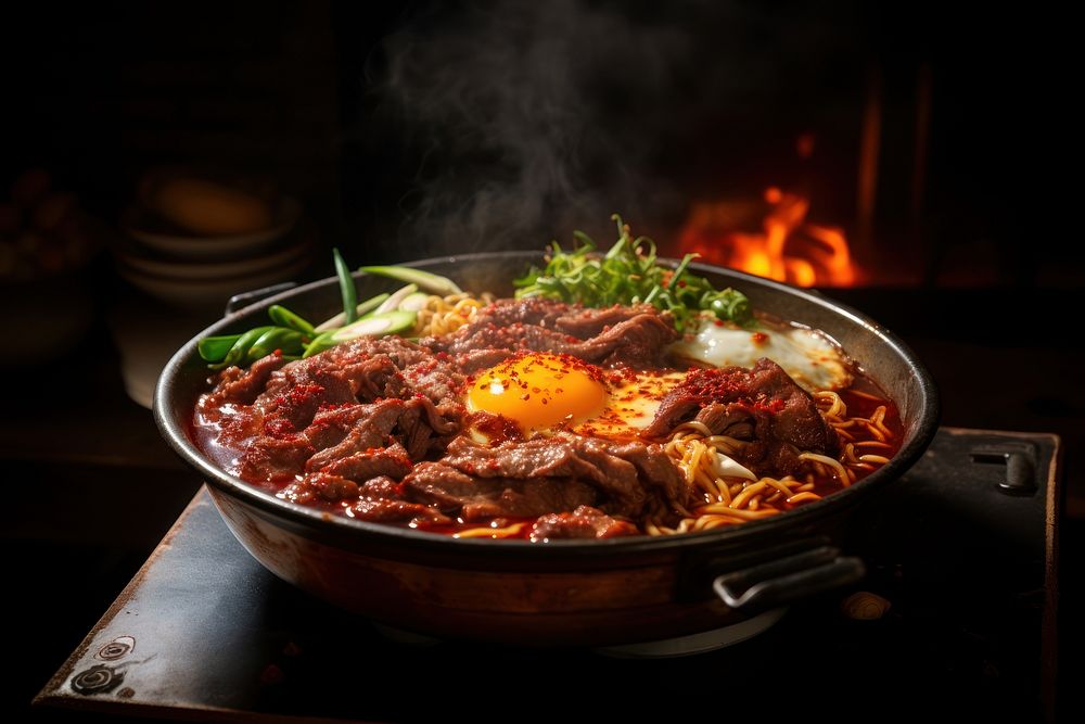 Preparing Korean Spicy Yuk Kal Beef Ramen Noodles meat food meal. AI generated Image by rawpixel.