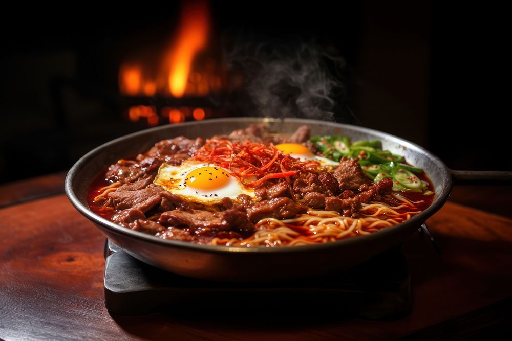 Preparing Korean Spicy Yuk Kal Beef Ramen Noodles noodle ramen meal. AI generated Image by rawpixel.