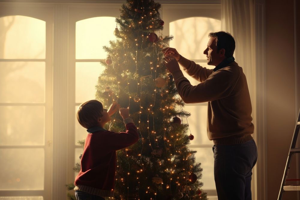 Chrimas tree decorating father photo. AI generated Image by rawpixel.