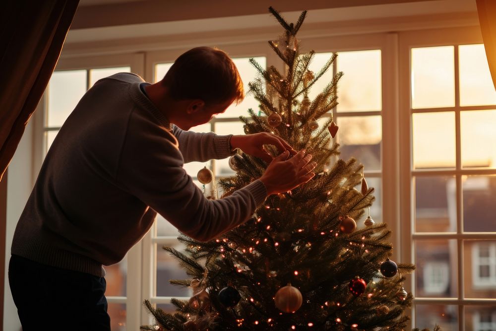 Chrimas tree decorating father photo. AI generated Image by rawpixel.